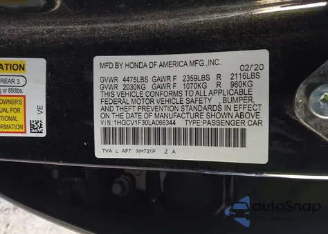 2020 Honda Accord Sport из США, поврежденный, VIN 1HGCV1F30LA066344